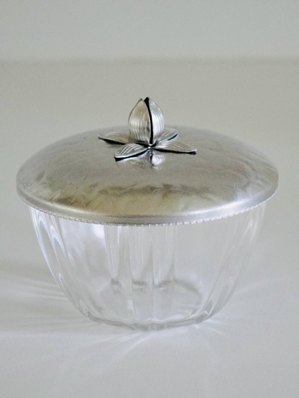 Rodney Kent Hammered Aluminum Lidded Bowl, Ribbed Glass with Tulip Finial Lid